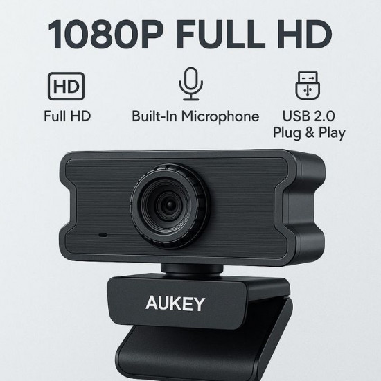 Aukey كاميرا ويب للامؤتمرات و مكالمات الفيديوهات مع ميكروفون مدمج - توازن أبيض تلقائي- وضوح 1080P Full HD- اوكاي PC-W10