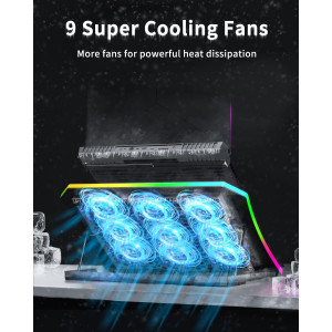 قاعدة تبريد لابتوب العاب مطورة مع 9 مراوح RGB هادئة، وسادة تبريد لاجهزة اللابتوب مقاس 15.6-17.3 انش مع 7 حوامل ارتفاع، 2 منفذ USB، حامل جوال - ازرق