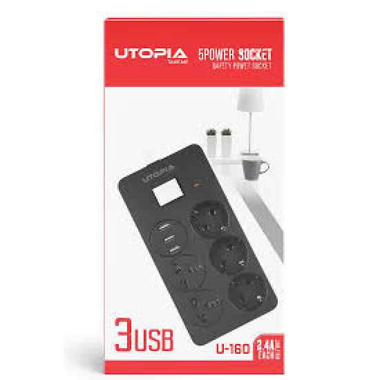 مشترك كهربائي ذكي 5 مقابس و 3 منافذ شحن USB بقوة 2.4 أمبير - سلك متين بطول 2 متر يتحمل حتى 2500 واط هيكل مقاوم للحرائق وحماية ذكية للأجهزة - موديل U-160