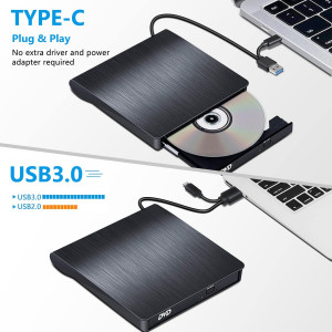 محرك أقراص CD/DVD خارجي USB 3.0 ونوع سي، محرك اقراص بيفا USB C نوع سي سهل التوصيل والتشغيل لجميع أجهزة اللاب توب وأجهزة الكمبيوتر المكتبية ويندوز 7/8/10/11 وماك او اس لماك بوك وماك بوك برو وماك بوك