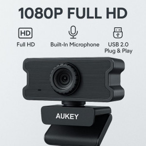 Aukey كاميرا ويب للامؤتمرات و مكالمات الفيديوهات مع ميكروفون مدمج - توازن أبيض تلقائي- وضوح 1080P Full HD- اوكاي PC-W10
