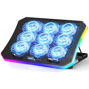 قاعدة تبريد لابتوب العاب مطورة مع 9 مراوح RGB هادئة، وسادة تبريد لاجهزة اللابتوب مقاس 15.6-17.3 انش مع 7 حوامل ارتفاع، 2 منفذ USB، حامل جوال - ازرق