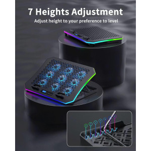 قاعدة تبريد لابتوب العاب مطورة مع 9 مراوح RGB هادئة، وسادة تبريد لاجهزة اللابتوب مقاس 15.6-17.3 انش مع 7 حوامل ارتفاع، 2 منفذ USB، حامل جوال - ازرق