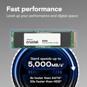 هارد Crucial E100 سعة 1 تيرابايت M.2 NVMe بمنفذ PCIe الجيل الرابع SSD داخلي - حتى 5,000 ميجابايت/ثانية - متوافق مع اللابتوب وسطح المكتب - CT1000E100SSD8